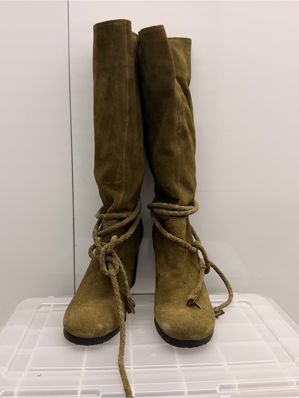 Gianni Bini Olive Suede At-the-Knee Lace-Up Boots